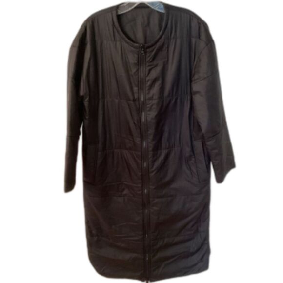 EILEEN FISHER SIZE SMALL BLACK LONG REVERSIBLE ZIP FRONT FULL LENGTH PUFFER COAT - Picture 1 of 11